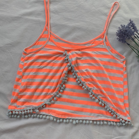 Charlotte Russe crop tank, neon peach & white stripes, Pom Pom & open back, S - Picture 3 of 9